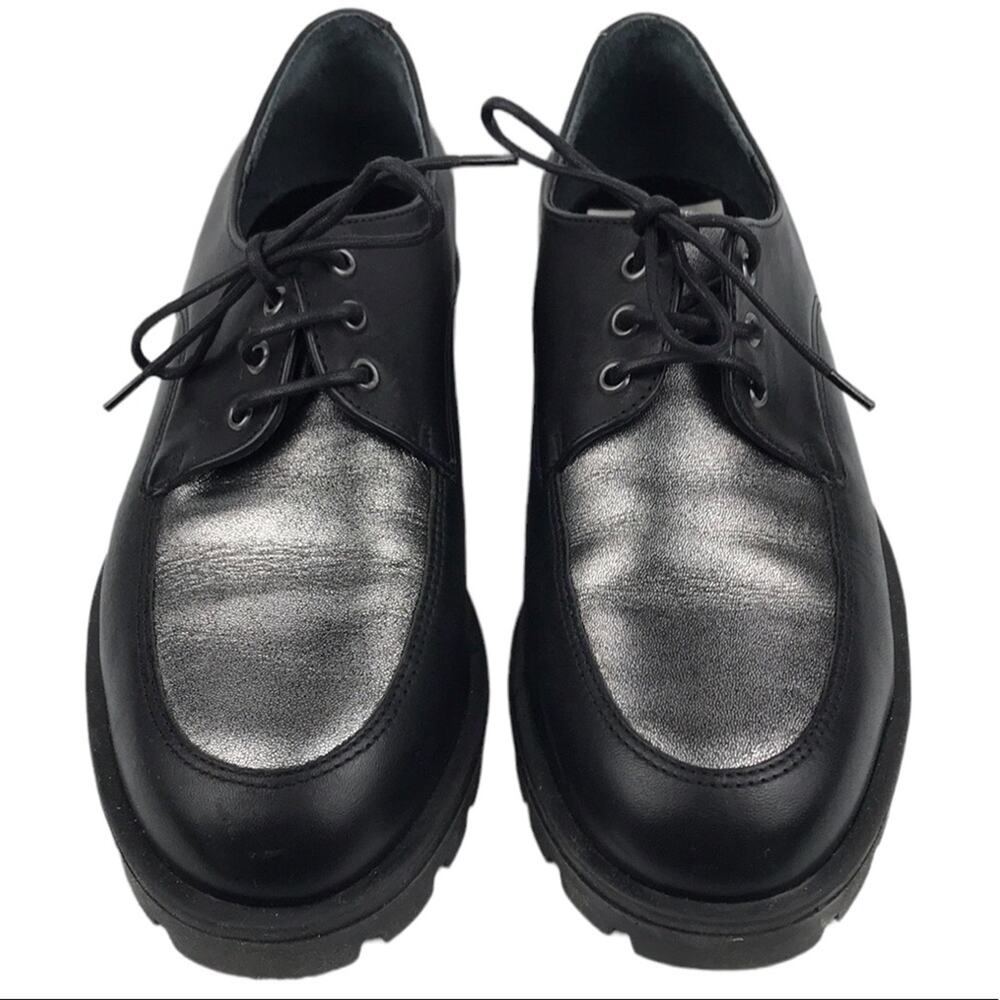 Azaleia Lace Up Lug Sole Oxfords Black Silver Metallic Made in Brazil Size 7
